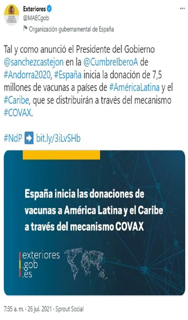 España anunció este lunes 26 de julio el comienzo de las donaciones al Perú y el resto de países latinoamericanos seleccionados. Foto:  @MAECgob/Twitter