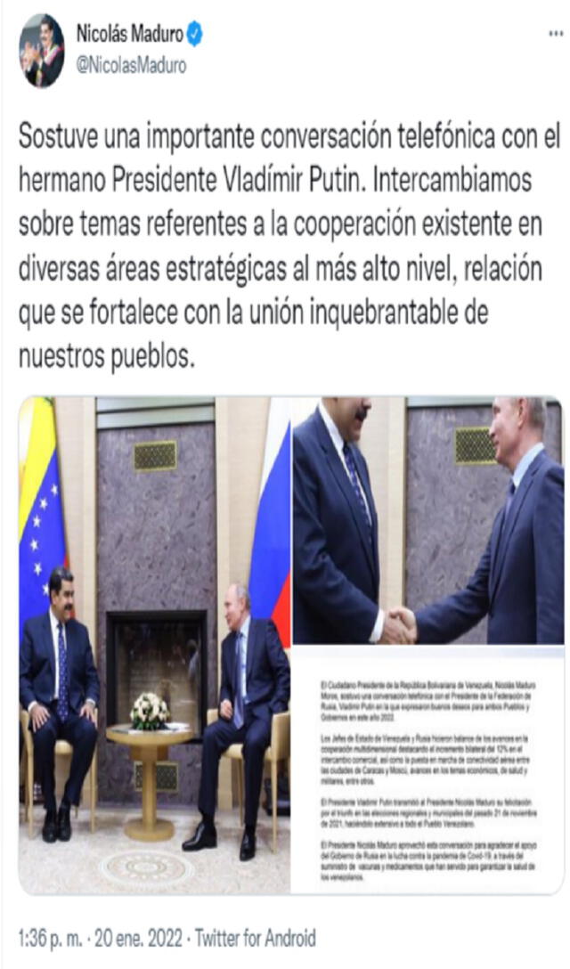 Nicolás Maduro resaltó la conversación con Nicolás Maduro. Foto: @NicolasMaduro/Twitter