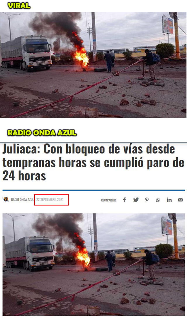 Imagen de la publicación viral (arriba) y del portal Radio Onda Azul (abajo). Foto: composición.