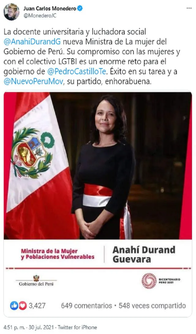 El tuit del político español sobre la designación de Anahí Durand. Foto: @MonederoJC/Twitter