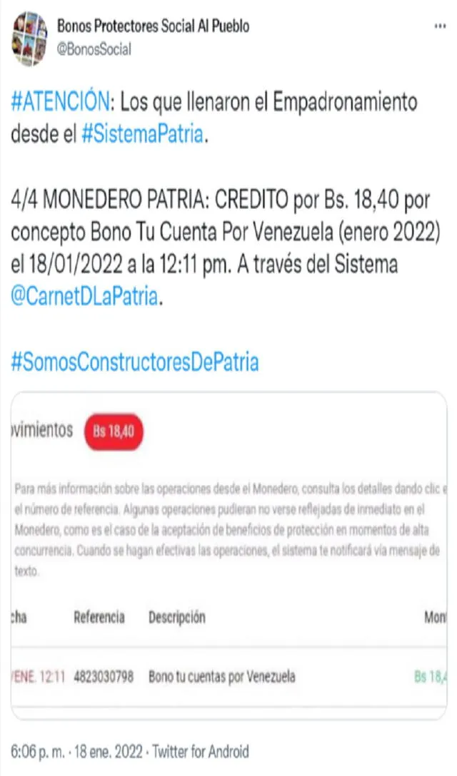 Bono Tu Cuenta por Venezuela ya está activo en la plataforma Patria. Foto: @BonosSocial/Twitter