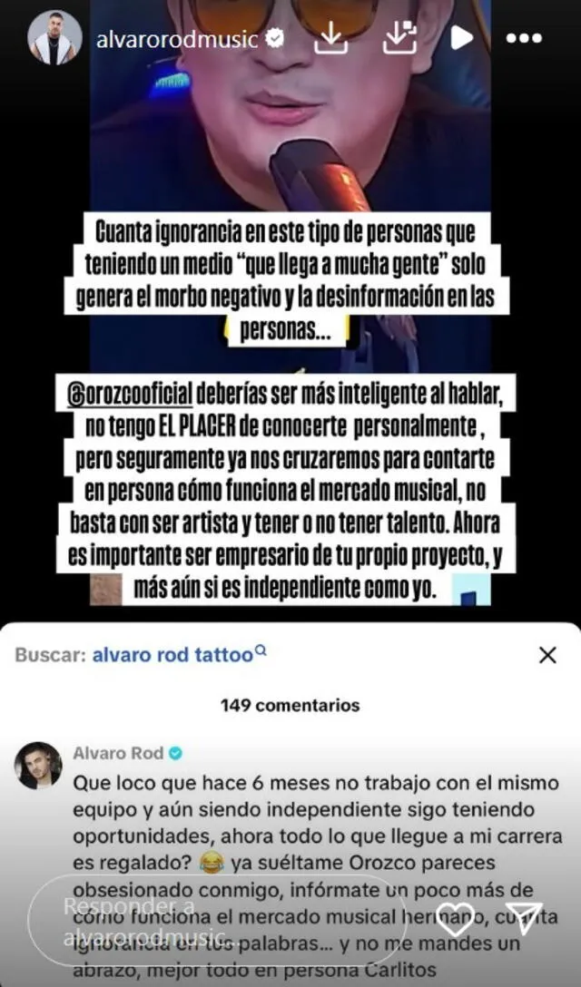 Álvaro Rod lamenta las declaraciones de Carlos Orozco. Foto: Instagram. Álvaro Rod lamenta las declaraciones de Carlos Orozco. Foto: Instagram.