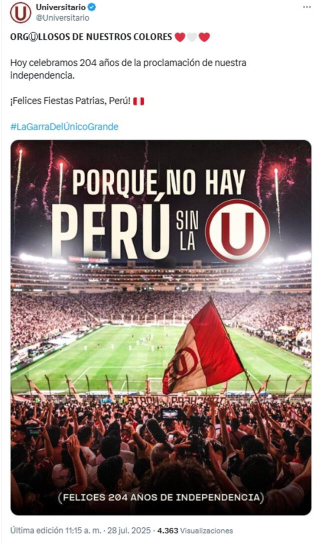 Universitario y su mensaje por Fiestas Patrias. Foto: vía X Universitario y su mensaje por Fiestas Patrias. Foto: vía X