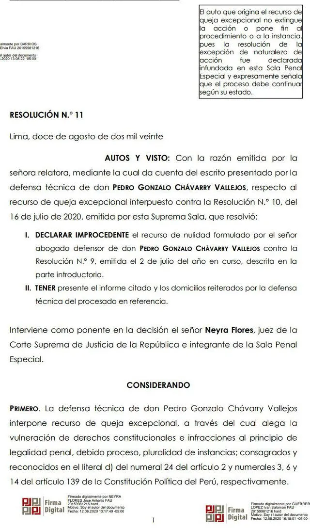 T: Pedro Chávarry seguirá bajo investigación por separar a fiscales Vela y Pérez.