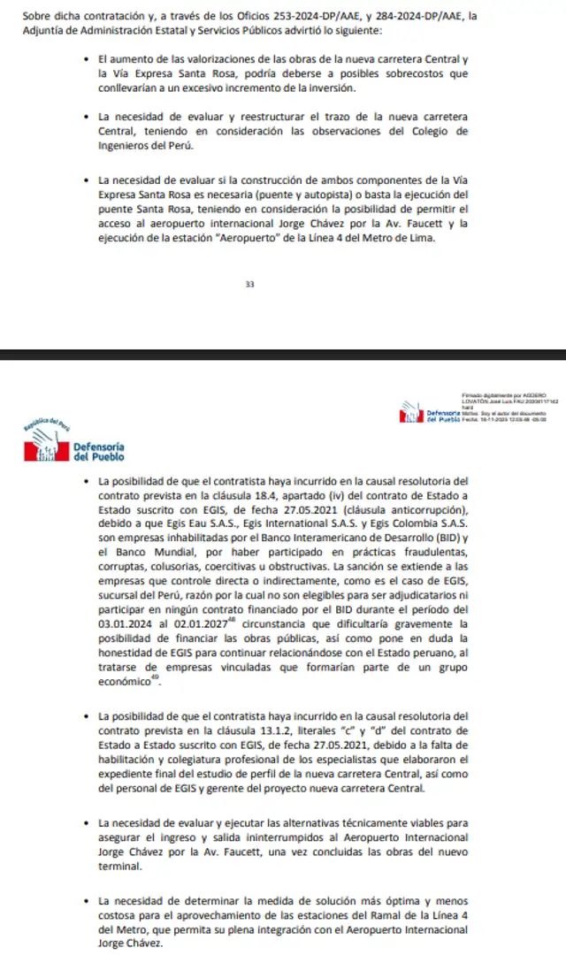 Defensoría del Pueblo alerta sobre incremento de costos en la Vía Expresa Santa Rosa. Foto: Defensoría del Pueblo.   