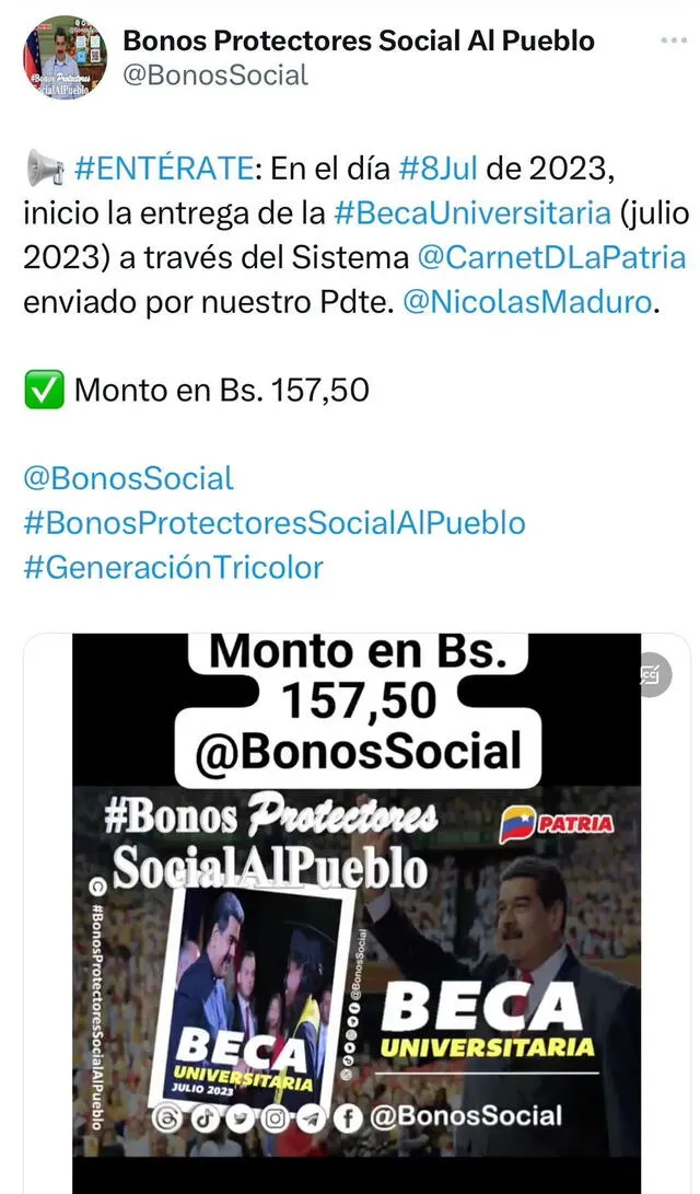Bono Beca Universitaria julio 2023 | Patria | Venezuela