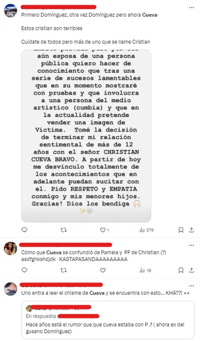 Tuits sobre Christian Cueva. Foto: captura de X Tuits sobre Christian Cueva. Foto: captura de X