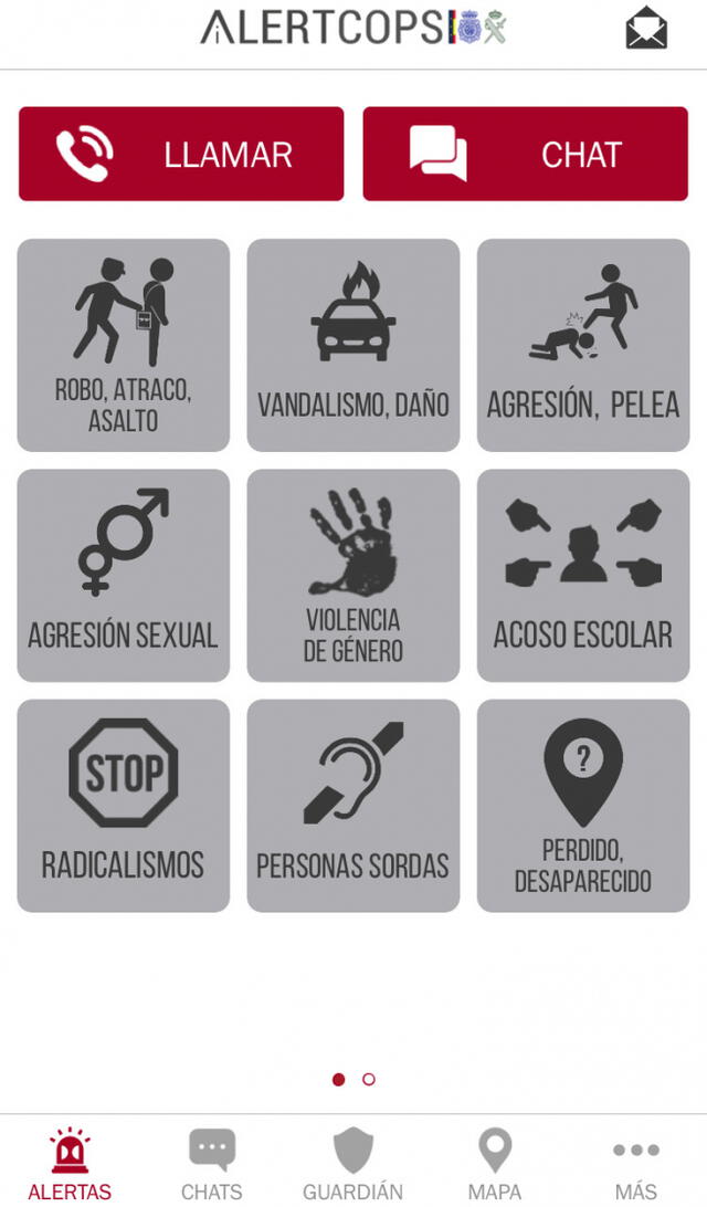 La sección Alertas del aplicativo 'AlertCops' permitirá realizar denuncias por diferentes motivos. (Foto: Ministerio del Interior de España)