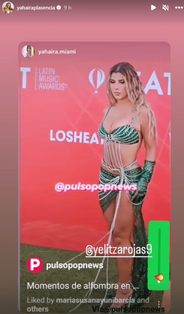  Yahaira Plasencia utilizó un atrevido vestido en tono verde en la alfombra roja de los Premios Heat. Foto: Yahaira Plasencia/Instagram   