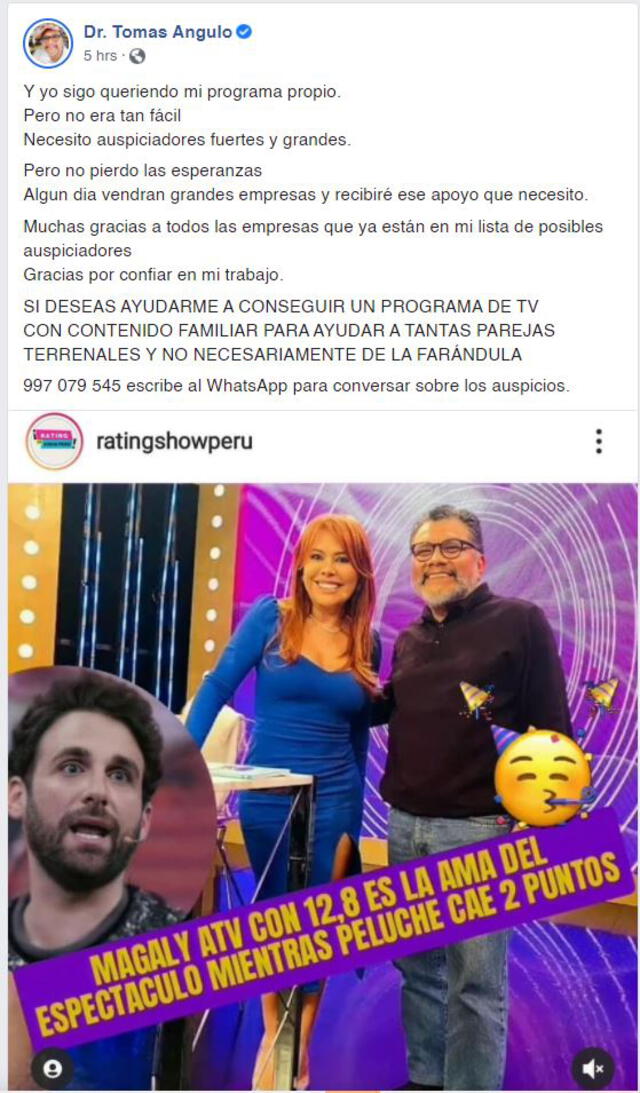 El doctor Tomás Angulo busca auspiciadores para programa propio en la televisión. Foto: captura de Facebook.