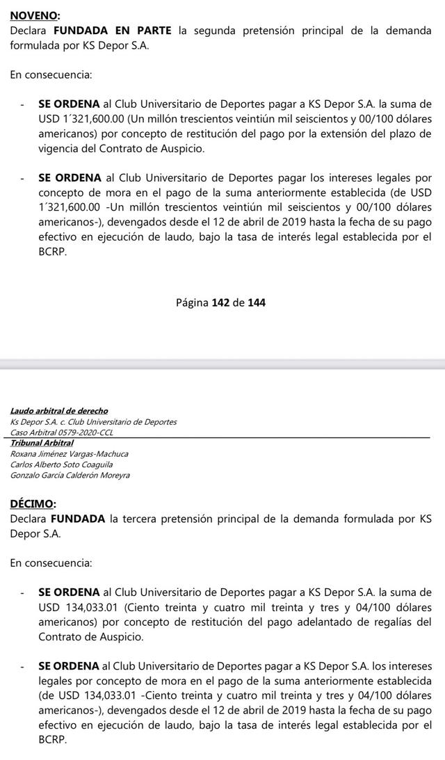 Ferrari compartio una captura del laudo arbitral de la 'U' contra Umbro. Foto: Jean Ferrari/Twitter