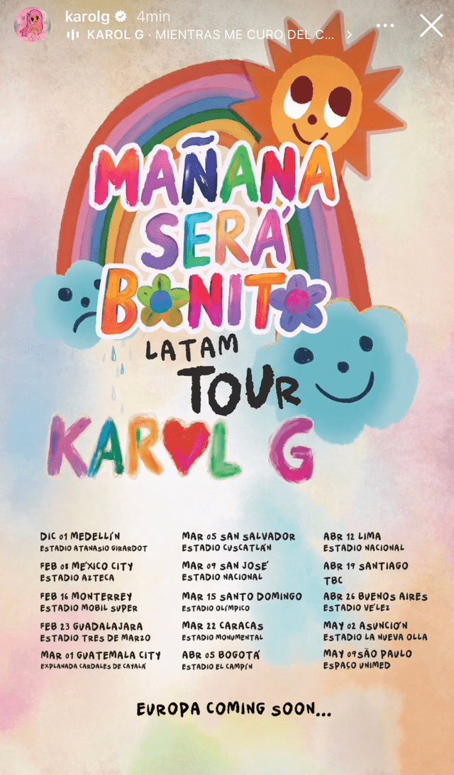  Karol G publicó las fechas de sus conciertos en diversos países de Latinoamérica. Foto: Instagram/Karol G   