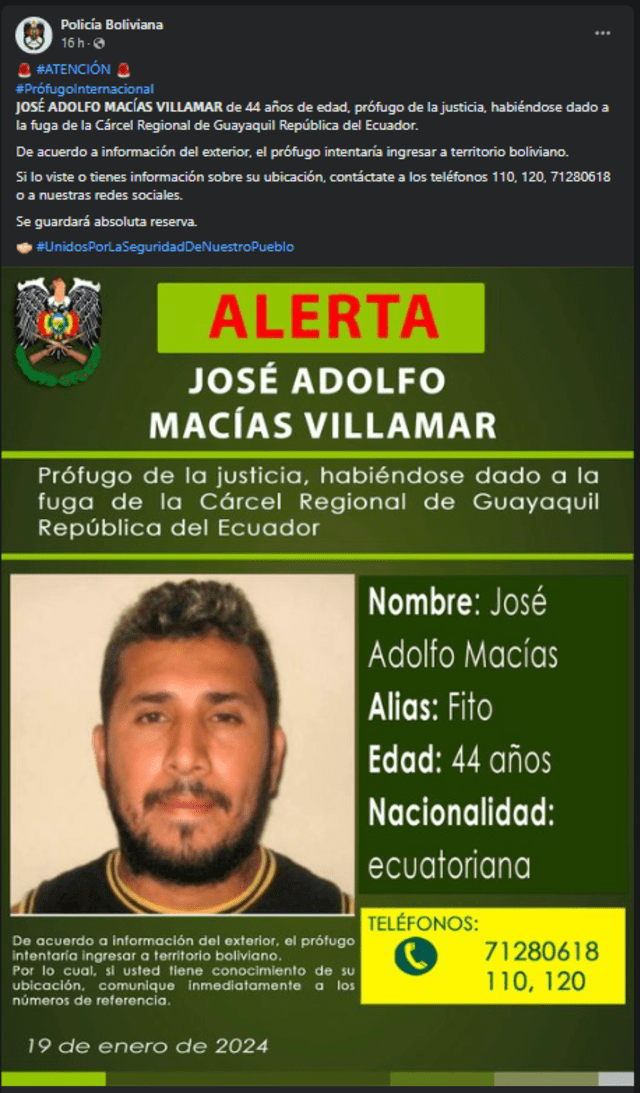  Policía de Bolivia emitió un comunicado de alerta en redes ante el posible ingreso de alias 'Fito' al país. Foto: Captura/Policía Boliviana   