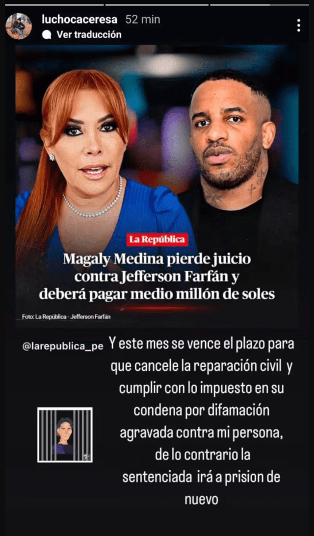 Lucho Cáceres se refiere a Magaly Medina en redes sociales. Foto: Instagram/Lucho Cáceres   