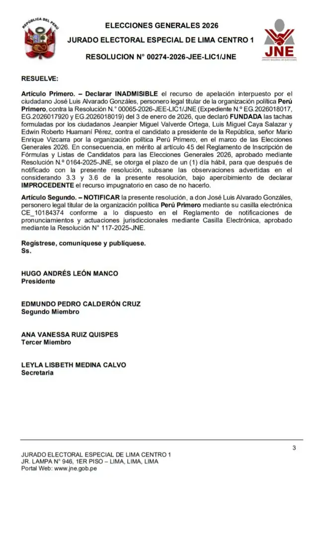  JEE Lima Centro 1 no aceptó la apelación de Perú Primero debido a falta de pago de tasa. Foto: difusión   