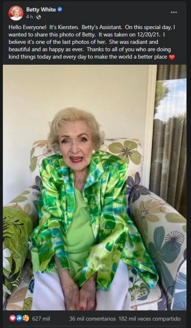 Última fotografía de Betty White, tomada días antes de su muerte. Foto: captura de Facebook