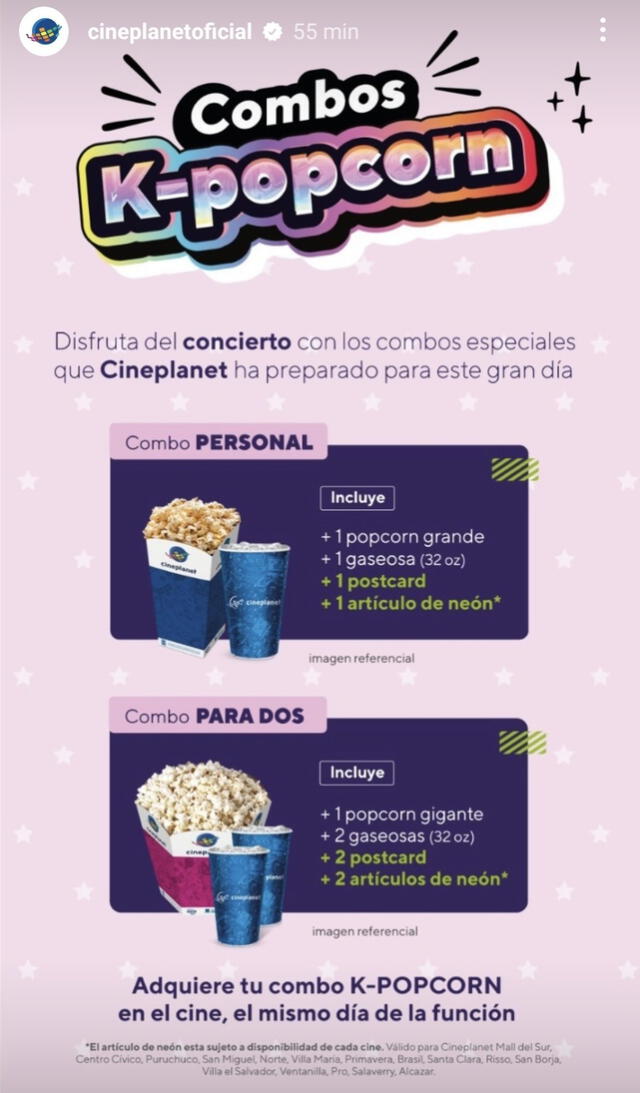 Combos K-popcorn en Cineplanet Perú. Foto: Cineplanet   
