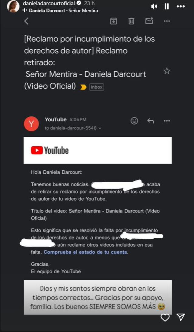  Daniela Darcourt anuncia que recupero su videoclip de 'Señor mentira'. Foto: Instagram Daniela Darcourt    