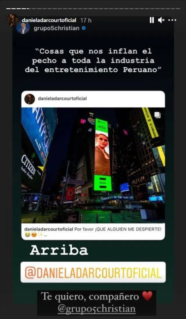 Mensaje de Christian Yaipén a Daniela Darcourt. Foto: Daniela Darcourt/ Instagram