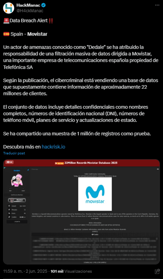 Tweet del portal HackManac sobre presunta filtración de datos de usuarios de Telefónica en Perú. Foto: X Tweet del portal HackManac sobre presunta filtración de datos de usuarios de Telefónica en Perú. Foto: X