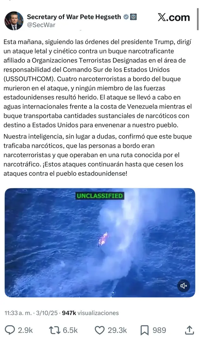  Anuncio del nuevo ataque a narcolancha cerca a Venezuela. Foto: @SecWar/X<br>    