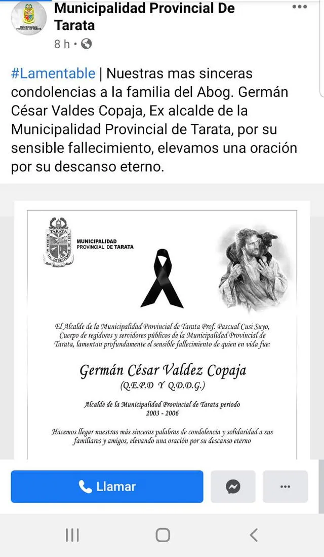 Tacna: fallece exalcalde de la provincia Tarata por COVID-19