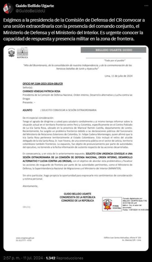 Guido Bellido solicita sesión extraordinaria para evaluar la capacidad de respuesta y presencia militar en la frontera con Colombia.<br>Foto: X Guido Bellido   