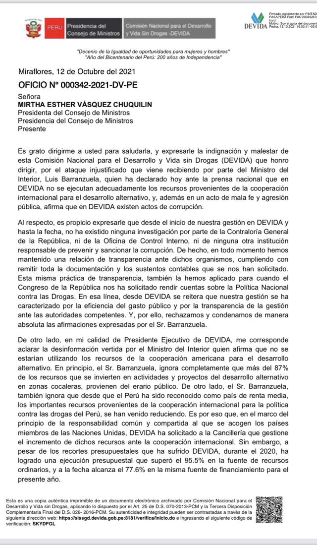 Carta de renuncia del presidente de Devida