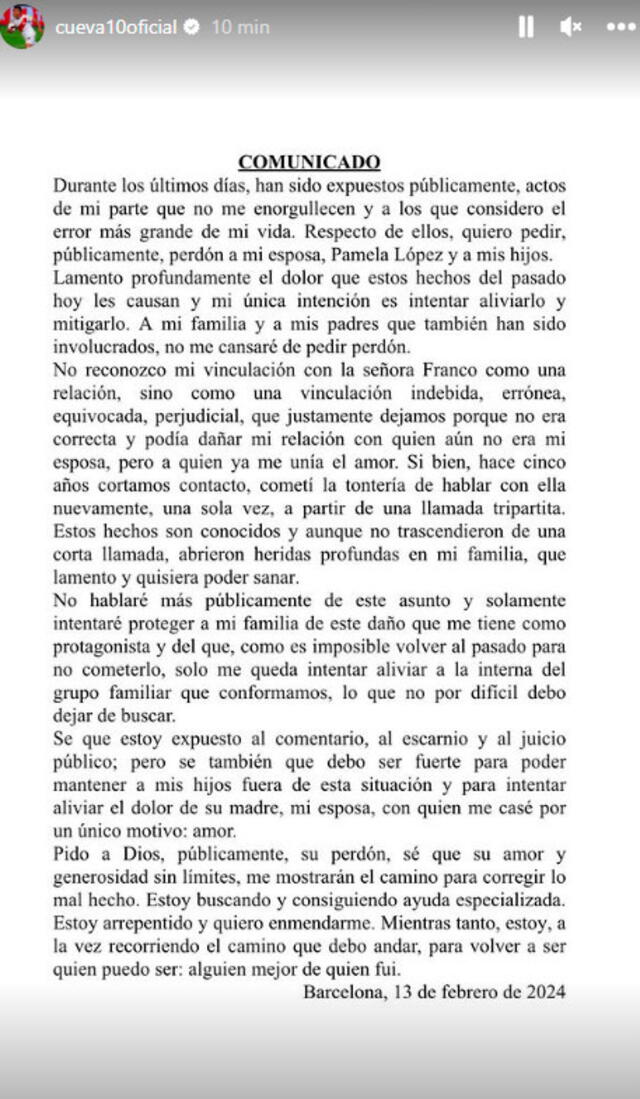 Christian Cueva se pronunció desde Barcelona. Foto: Instagram/Christian Cueva 