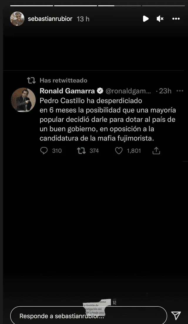 Fue el tuit del abogado Ronald Gamarra que escribe en el semanario político Hildebrandt en sus Trece. Foto: Sebastián Rubio/Instagram