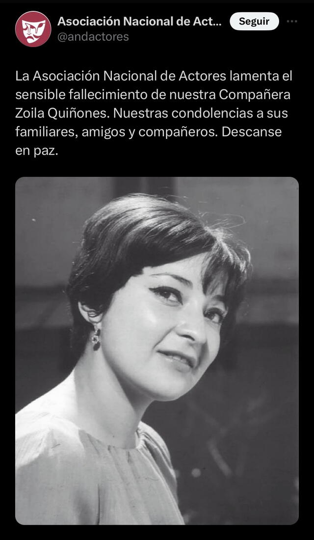 Este fue el post que hizo la Asociación Nacional de Actores (ANDA) sobre la muerte de Zoila Quiñones. Foto: ANDA   