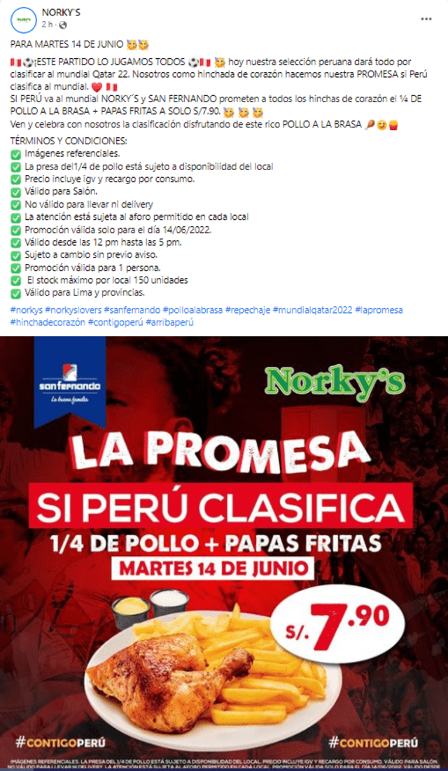 Norky's hace promesa para sus clientes en caso de que Perú gane. Foto: captura/Facebook