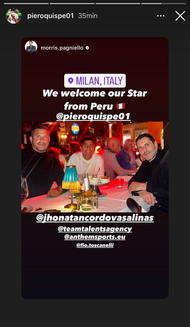 Piero Quispe junto a Jhonatan Córdova y el italiano Morris Pagniello en Italia. Foto: Instagram/Piero Quispe.   