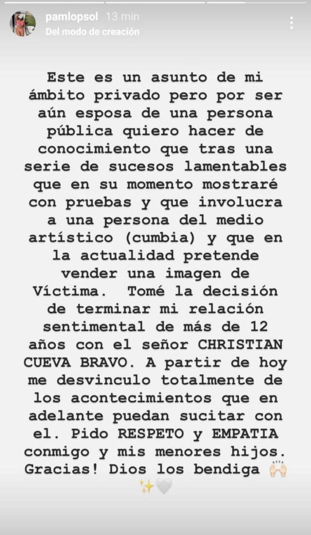 Comunicado de Pamela López. Foto: Instagram de Pamela López.   