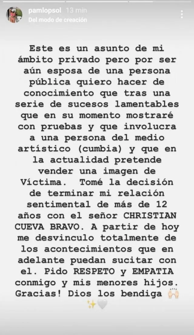  Pamela López anunció su ruptura con Christian Cueva. Foto: captura de Instagram/Pamela López   