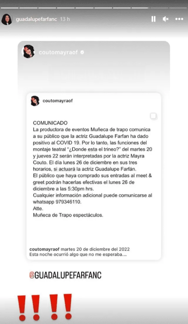 El comunicado de Guadalupe Farfán sobre su contagio de COVID-19. Foto: @guadalupefarfanc/Instagram