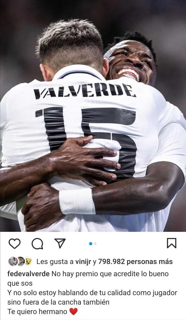 Publicación de Federico Valverde a Vinicius. Foto: captura de Instagram   