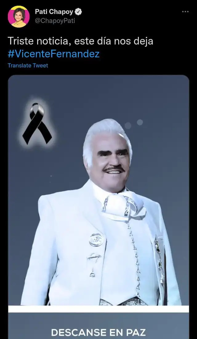 Famosos reaccionan a la muerte de Vicente Fernández. Foto: Pati Chapoy/ Twitter