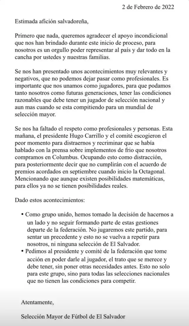 Primer comunicado de la Selección de El Salvador. Foto. Redes sociales de jugadores de El Salvador