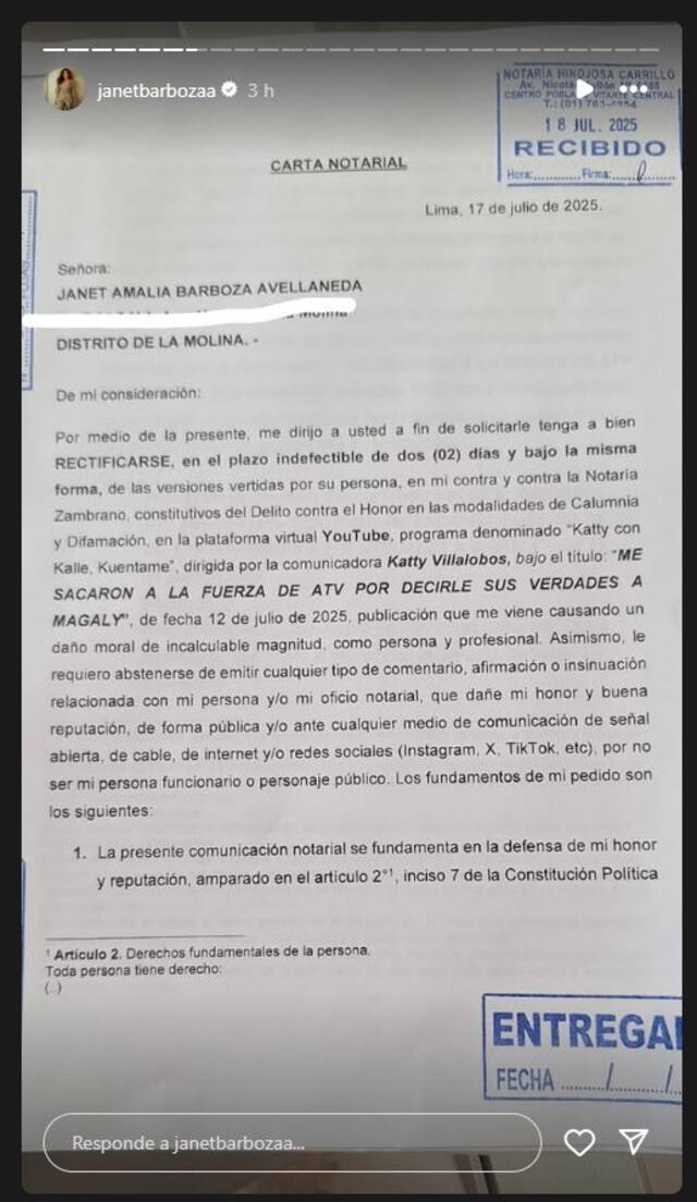 Janet Barboza recibe carta notarial de parte de Alfredo Zambrano, esposo de Magaly Medina. Foto: Janet Barboza.   