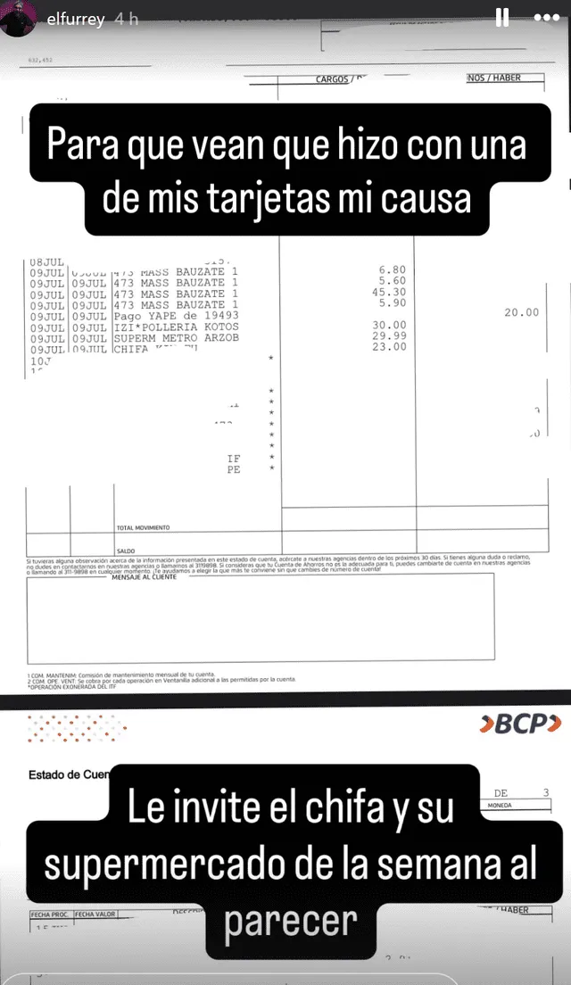 Consumos en chifa y pollería. Foto: Furrey/ Instagram    