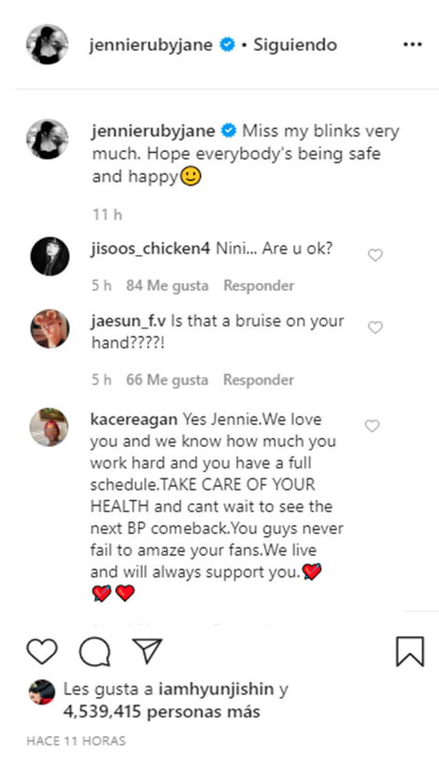 Comentarios de BLINK preocupados por la salud de Jennie, dejados en su post de Instagram del 9 de mayo 2020.