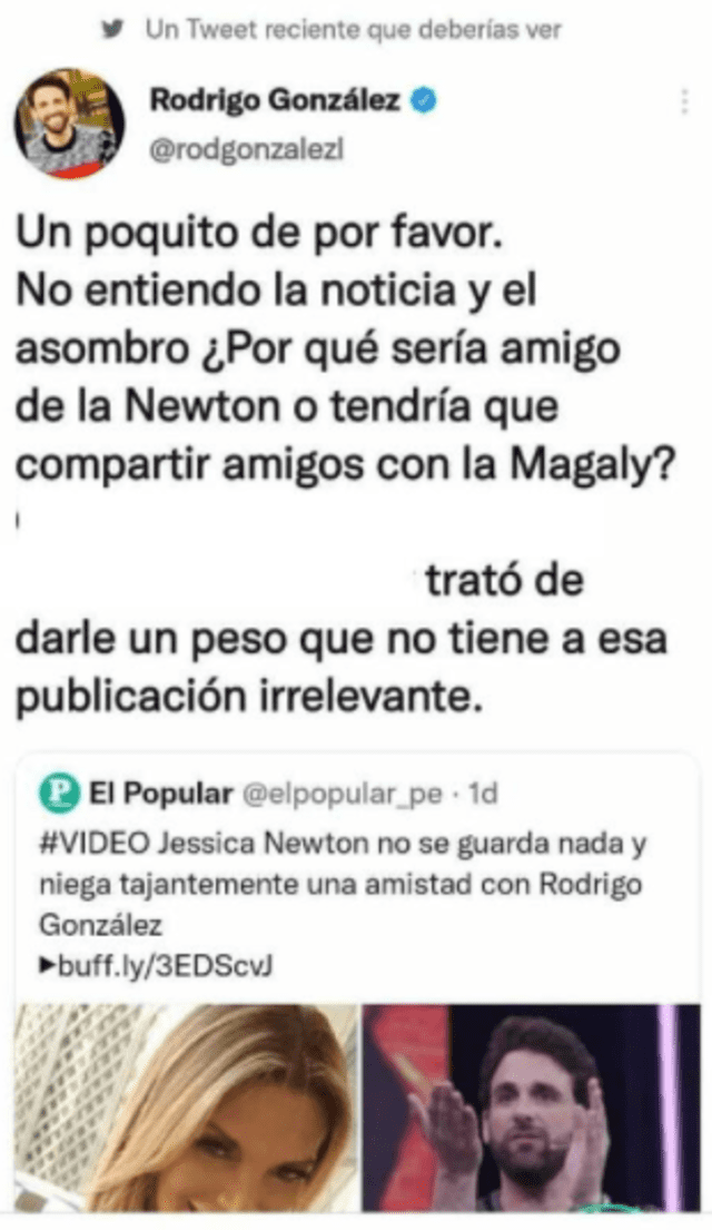 Rodrigo González responde a Jessica Newton. Foto: Rodrigo González/Twitter