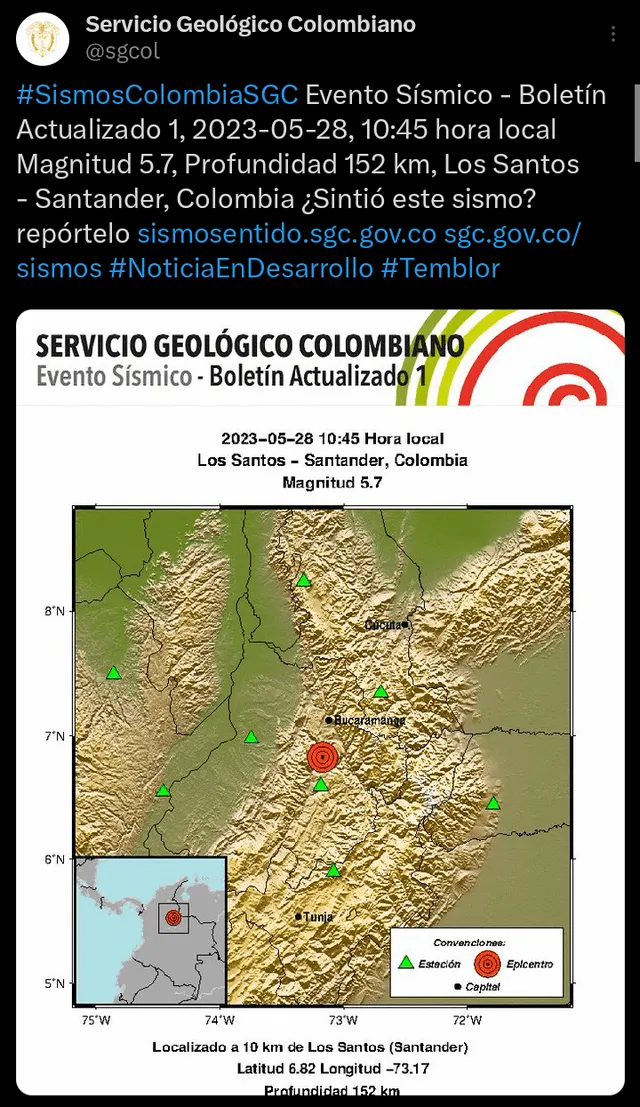 Último temblor en Colombia hoy, 28 de mayo. Foto: Twitter @sgcol   