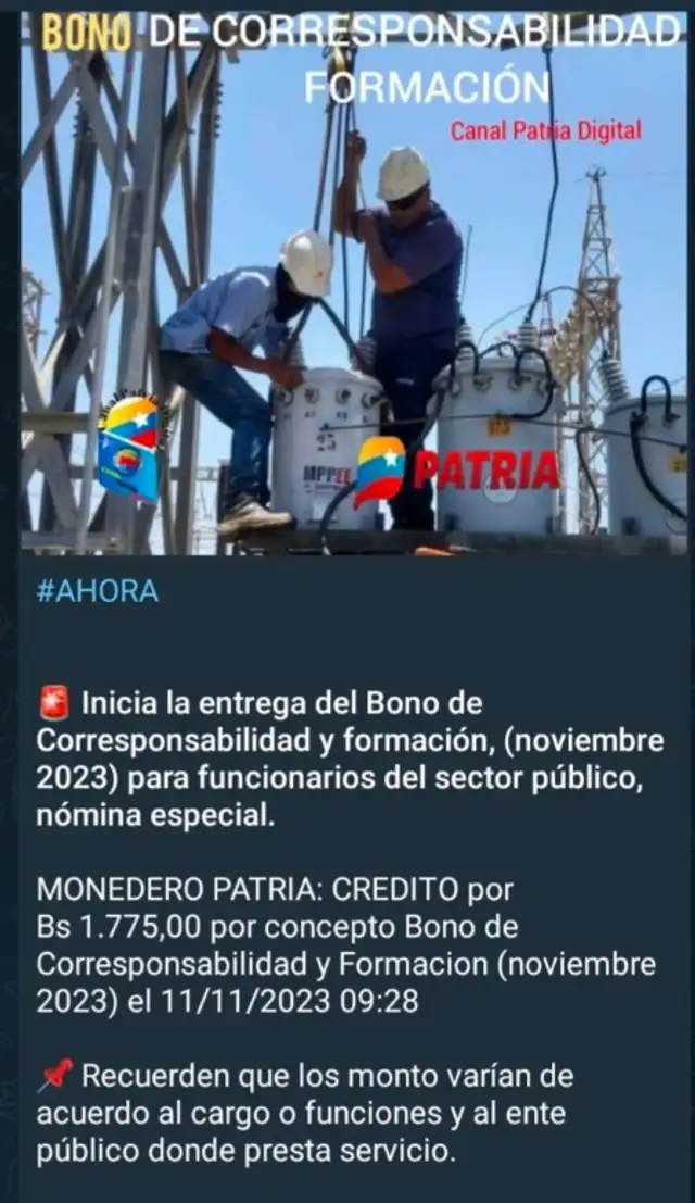 El Bono Corresponsabilidad y Formación se entrega dos veces en el mes. Foto: Canal Patria Digital El Bono Corresponsabilidad y Formación se entrega dos veces en el mes. Foto: Canal Patria Digital