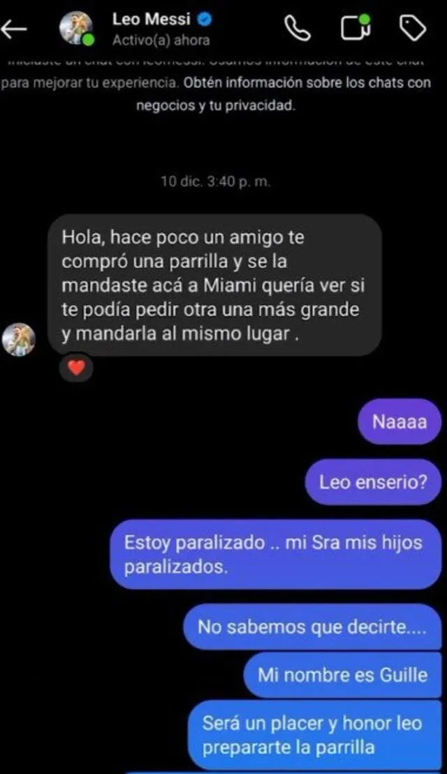 Conversación entre Lionel Messi y Guillermo para realizar el pedido. Foto: Instagram/Labohierro.   