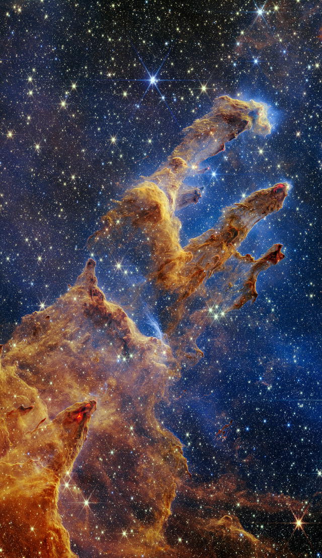 El telescopio James Webb ha captado una imagen de los icónicos Pilares de la Creación, estructuras cósmicas de polvo y gas donde se están formando miles de nuevas estrellas. Foto: NASA / ESA / STScl