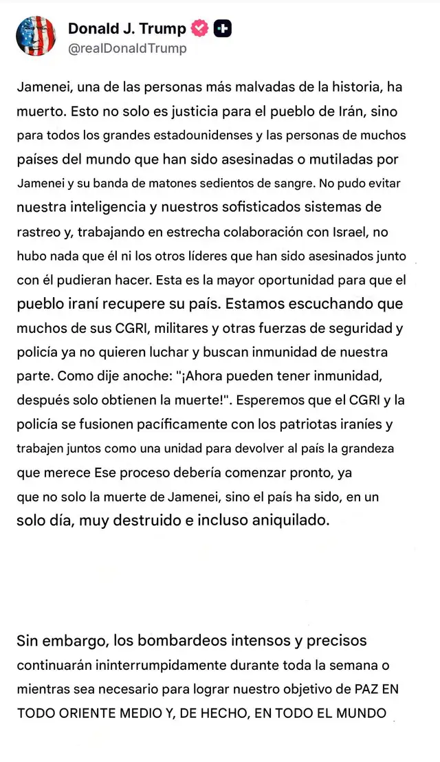  El líder publicano confirma el deceso del líder supremo iraní. Foto: RealDonald Trump    