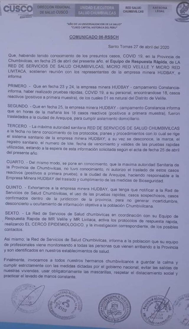 Comunicado de la Red de Salud de Chumbivilcas.