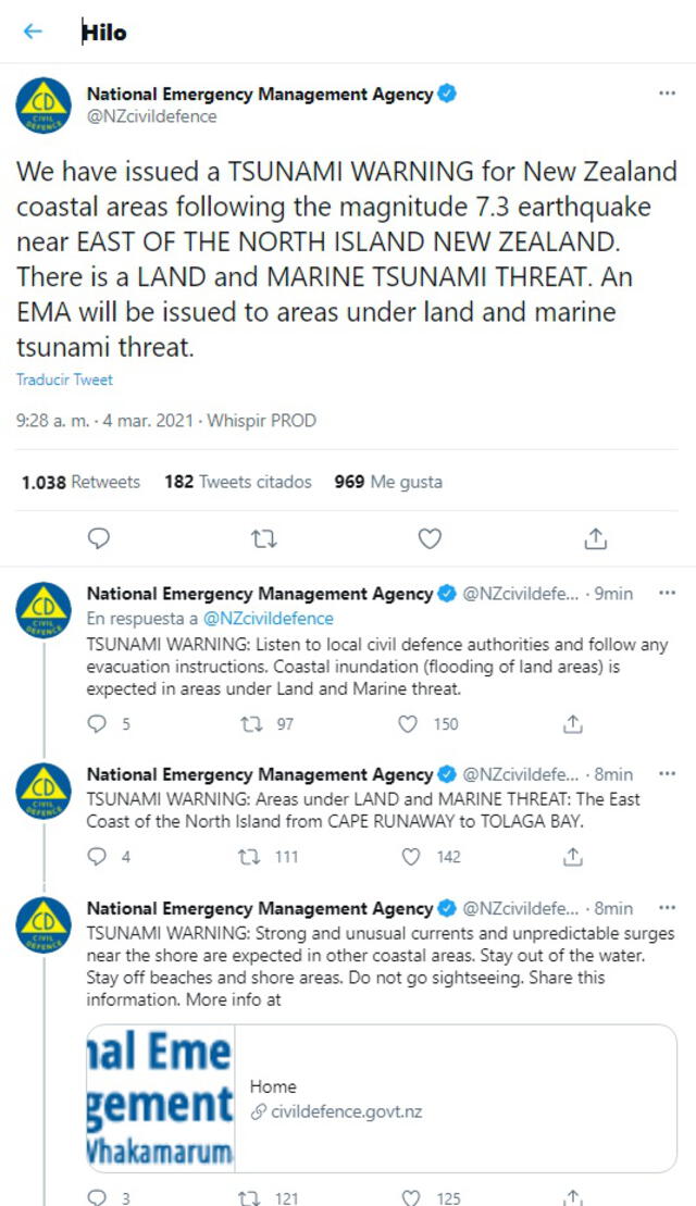 La Agencia Nacional de Gestión de Emergencias de Nueva Zelanda pidió precaución a la población. Foto: captura de Twitter